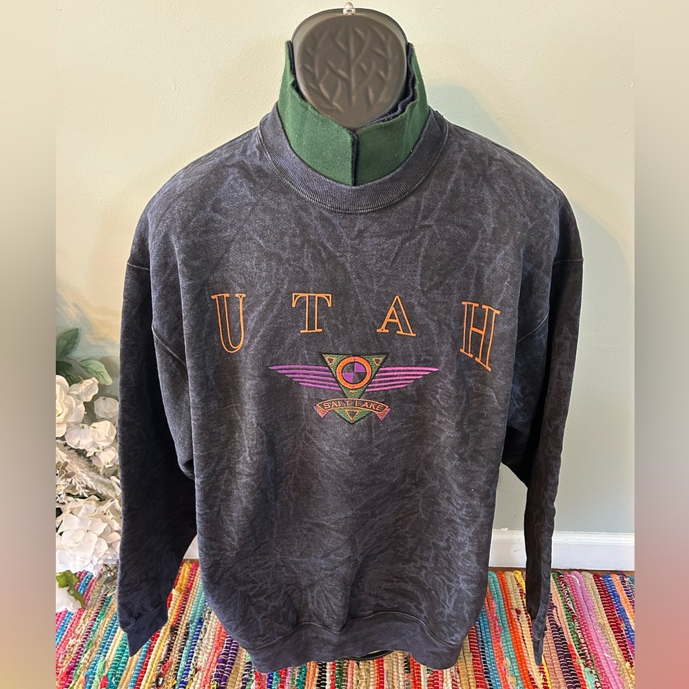 90s Salt Lake Utah Acidwash Sweatshirt Crewneck with Collar Neon Embroidered XL